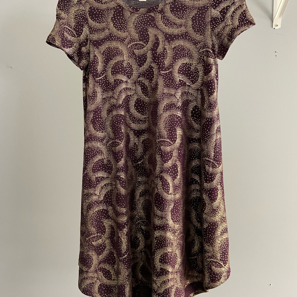 Lularoe Kids Elegant Scarlett size 10 Eggplant/golden/champagne accent pattern.
